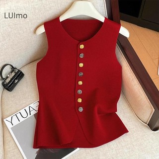 Luimo Pháp Thanh Lịch Nút Hoa Cổ Tròn Không Tay Áo Dệt Kim Mỏng Cho Nữ SBS