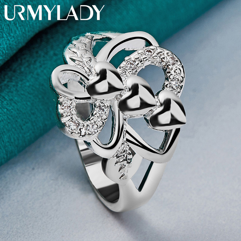 URMYLADY Bạc 925 Ba Trái Tim 7-10 # Nhẫn Nữ Tiệc Cưới Thời Trang Quyến Rũ Trang Sức
