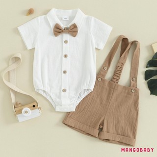 MG-Toddler Boy Gentleman Trang phục áo liền quần ngắn tay màu trơn có dây buộc nơ và quần yếm Bộ quần Short để mặc trang trọng