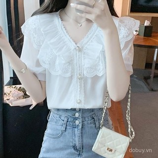 Áo sơ mi voan trắng mới mùa hè, cổ chữ V, tay ngắn phồng, ren xù thời thượng