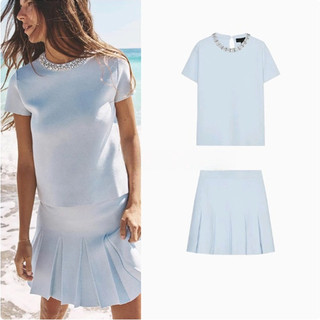 Áo Zara made in Morocco dệt kim xanh nhạt viền cổ trang sức và chân váy xòe cùng bộ