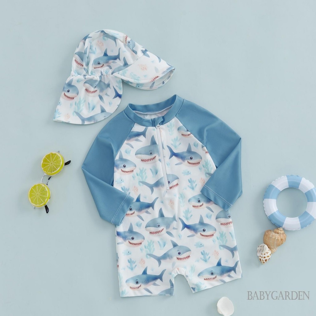 / / -6Month-5 Tuổi Đồ bơi dài tay cho trẻ em / bé trai + Sunhat Shark Print Half Zipper Chống đóng cọc Rash Guard Đồ bơi