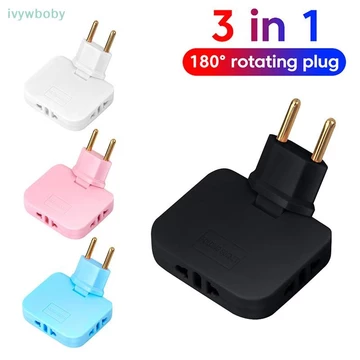 [Ivy] Ổ cắm xoay 180 độ Bộ chuyển đổi phích cắm EU 3 trong 1 Du lịch EU Cắm mở rộng đa lỗ cắm Bộ chuyển đổi ổ cắm không dây mỏng Ổ cắm TỐT