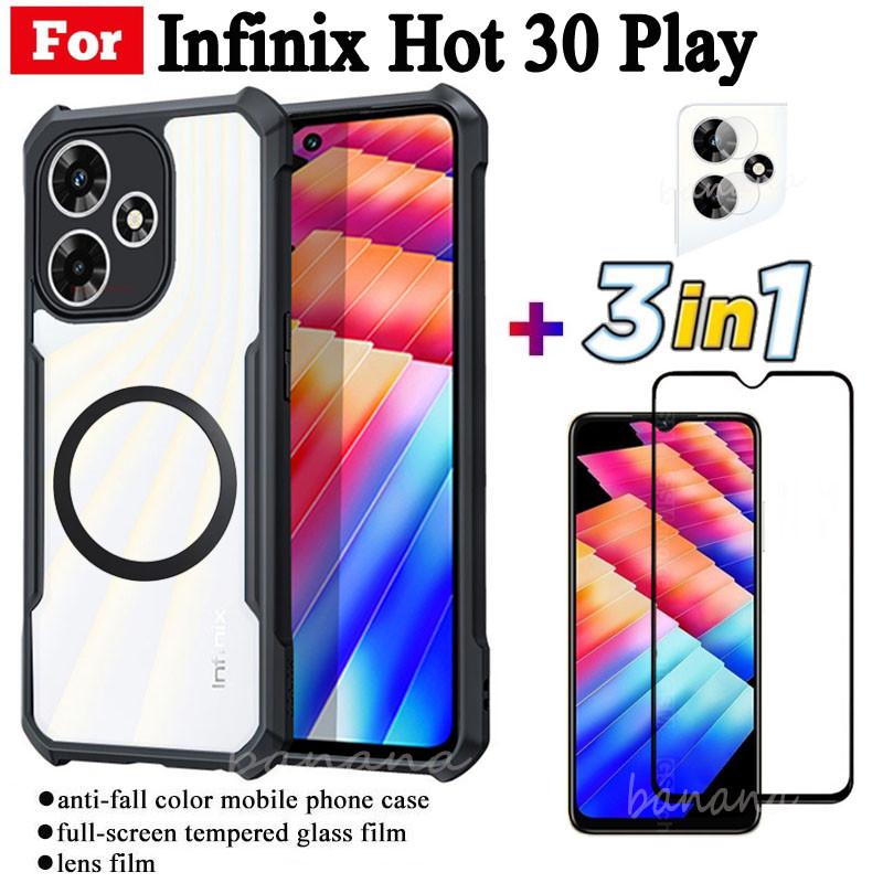 Ốp điện thoại chống sốc 3 trong 1 Infinix Hot 30 Play có nhãn dán sạc không dây từ tính cho Infinix Hot 30 4G Hot 30i 40i 40 Pro Bảo vệ toàn diện Kính cường lực + Phim ống kính