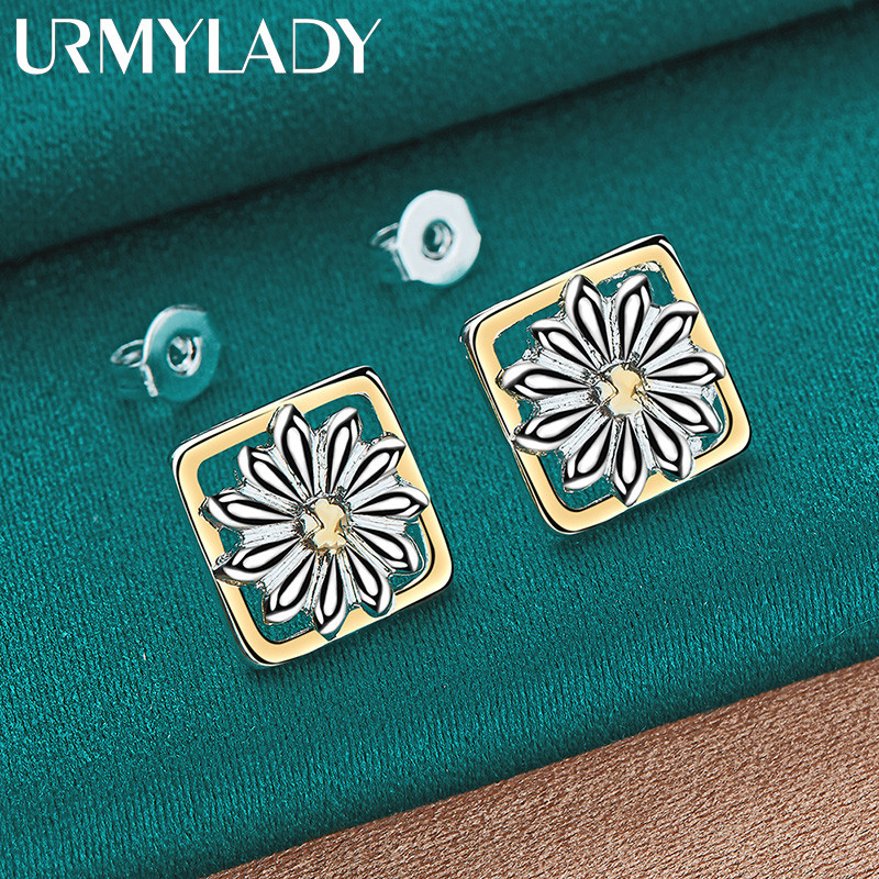 URMYLADY Bạc 925 Bông Tai Hoa Vuông Cho Nữ Tiệc Cưới Trang Sức Thời Trang