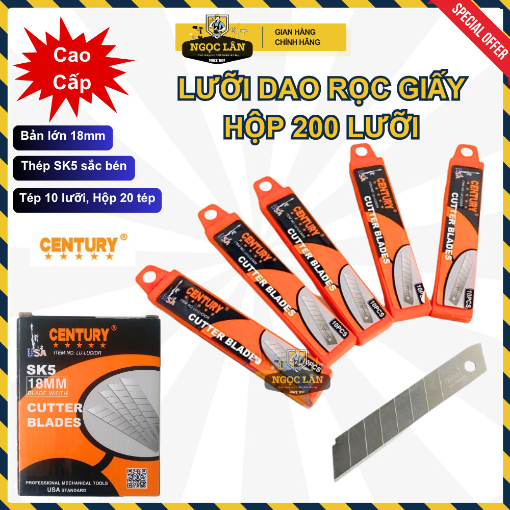 [Giá Hộp Chính Hãng] Hộp 200 Lưỡi Dao Rọc Giấy Century bản lớn 18mm (dày 0.5mm) thép SK5 cao cấp