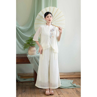 SWANLAKE | Set Bộ Dài Cổ Trụ Tay Lỡ Chất Liệu Xốp Hàn Thêu Hoa Pháp Phục Trung Niên Tặng Mẹ - B12119