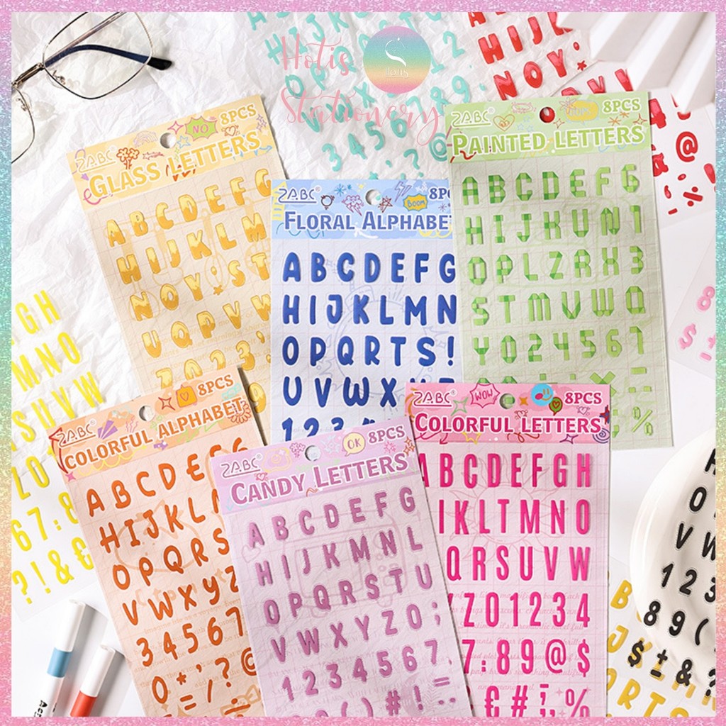 [HOTIS] Set 8 tờ Sticker chữ số nhiều màu Letter Sticker PET, nhãn dán ...