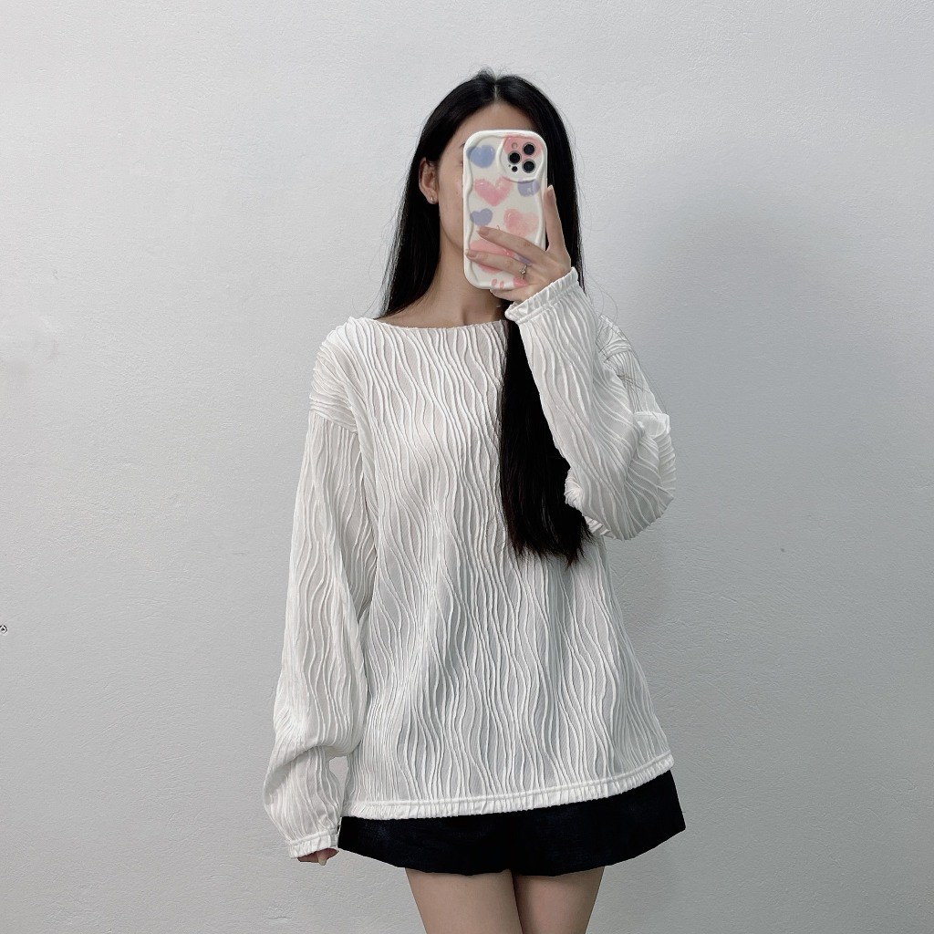 Áo Lệch Vai, Áo Thun Gân Sóng Dài Tay Vải Mềm Form Rộng Cổ Tròn, Thiết Kế Basic Dễ Phối Đồ