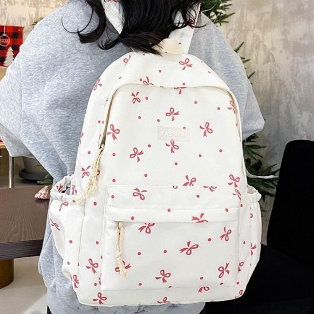 Túi đi học dành cho học sinh YMIFI, Túi đi học in nơ dung tích lớn, Túi sách Ba lô nữ Nylon