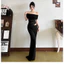 Klalien Ruched Không Đều Đầm Nữ Lưới Chắp Vá Cổ Nỉ Tay Ngắn Skinny Co Giãn Xu Hướng Thanh Lịch Dài Bodycon Trang Phục