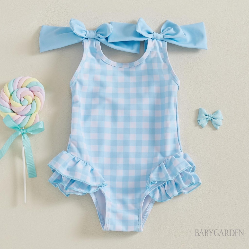 / / -6Month-4years Đồ Bơi Bé Gái Áo Liền Quần Kẻ Sọc Xù Hai Nơ Trang Trí Đồ Đi Biển Không Tay Bộ Đồ Tắm Đi Biển Mùa Hè
