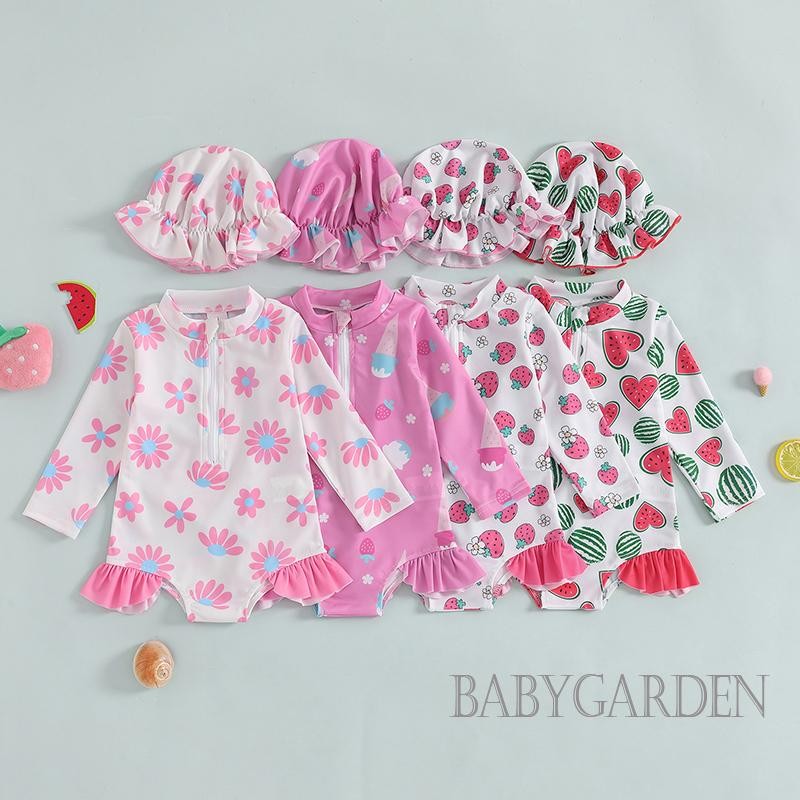 / / -3 tuổi Bộ áo liền quần bảo vệ phát ban cho bé gái có mũ dài tay hoa / dâu tây / dưa hấu / bộ đồ tắm in kem