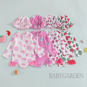 / / -3 tuổi Bộ áo liền quần bảo vệ phát ban cho bé gái có mũ dài tay hoa / dâu tây / dưa hấu / bộ đồ tắm in kem