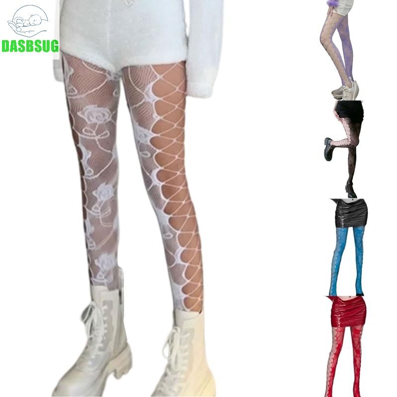 Dassbsug Nữ Nhiều Màu Sắc Fishnet Quần Hoa Hồng Cây Nho Jacquard Hình Xăm Quần Bên Rỗng Cho Băng Chéo Lưới Sto