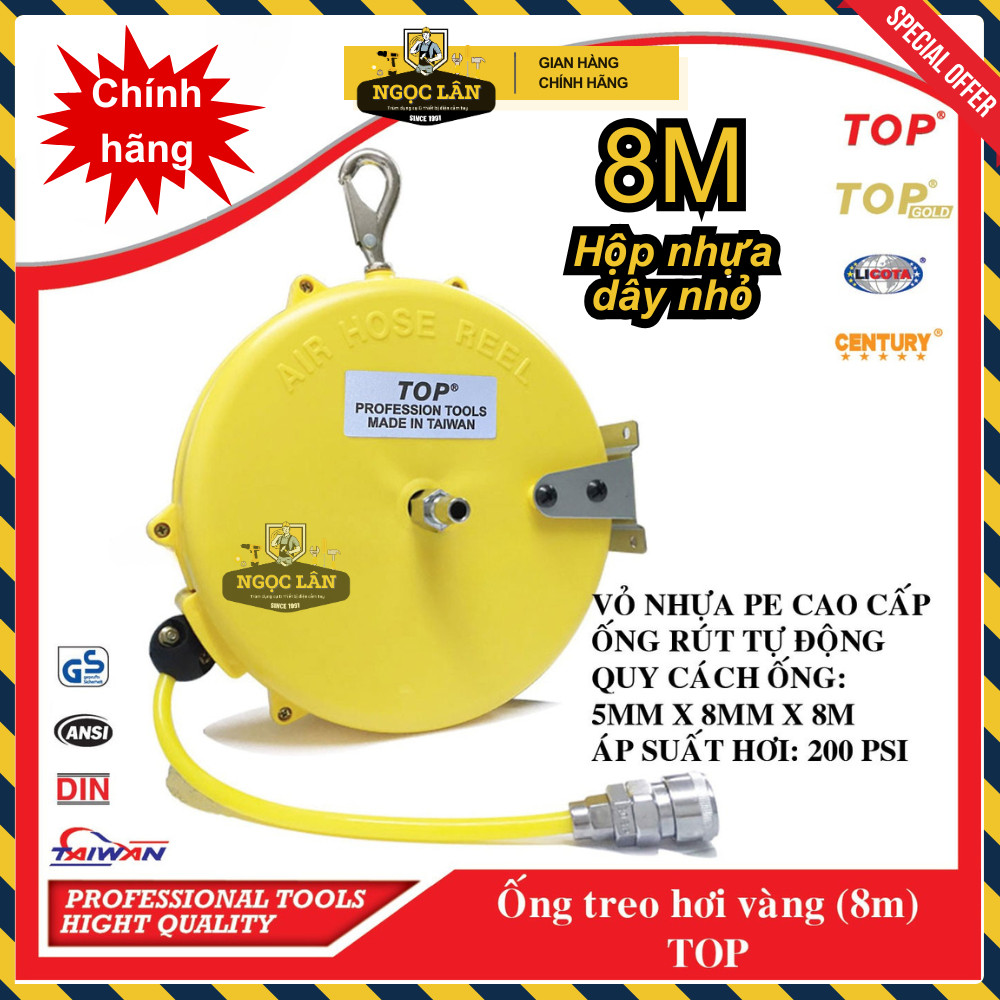 [Chính hãng TOP] Ống treo hơi, Cuộn dây hơi tự rút TOP hộp nhựa vàng 5mmx8mm (dài 8m) cao cấp