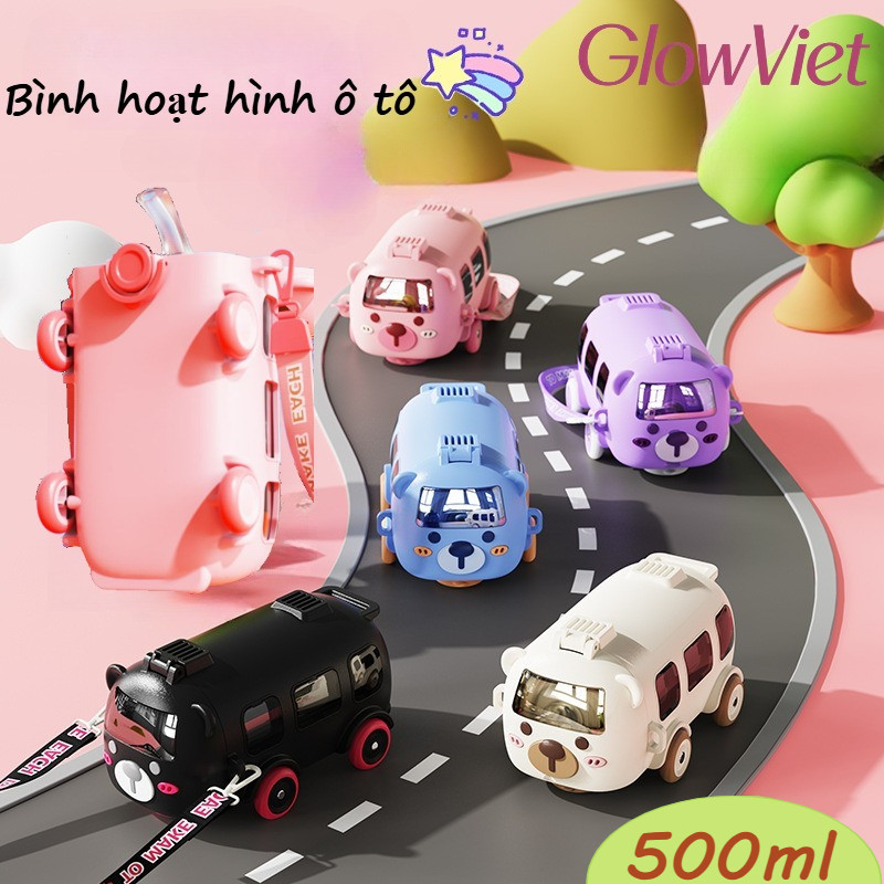 Bình Nước Trẻ Em Hình Xe Buýt 500ml, Bình Nước Di động Ngoài Trời, Trẻ Em Rơm Cốc, Có Dây đeo Vai