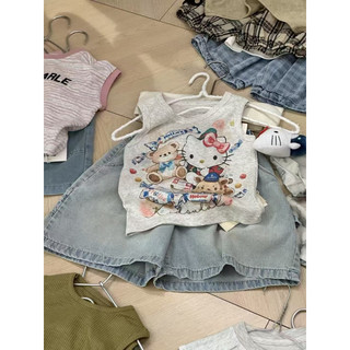 Mùa Hè Phiên Bản Hàn Quốc Bé Gái Hoạt Hình Dễ Thương In Hình Cotton Nguyên Chất Không Tay Áo Trung Nhỏ Trẻ Em Thoải Mái Áo Vest Màu Xám Thường Ngày