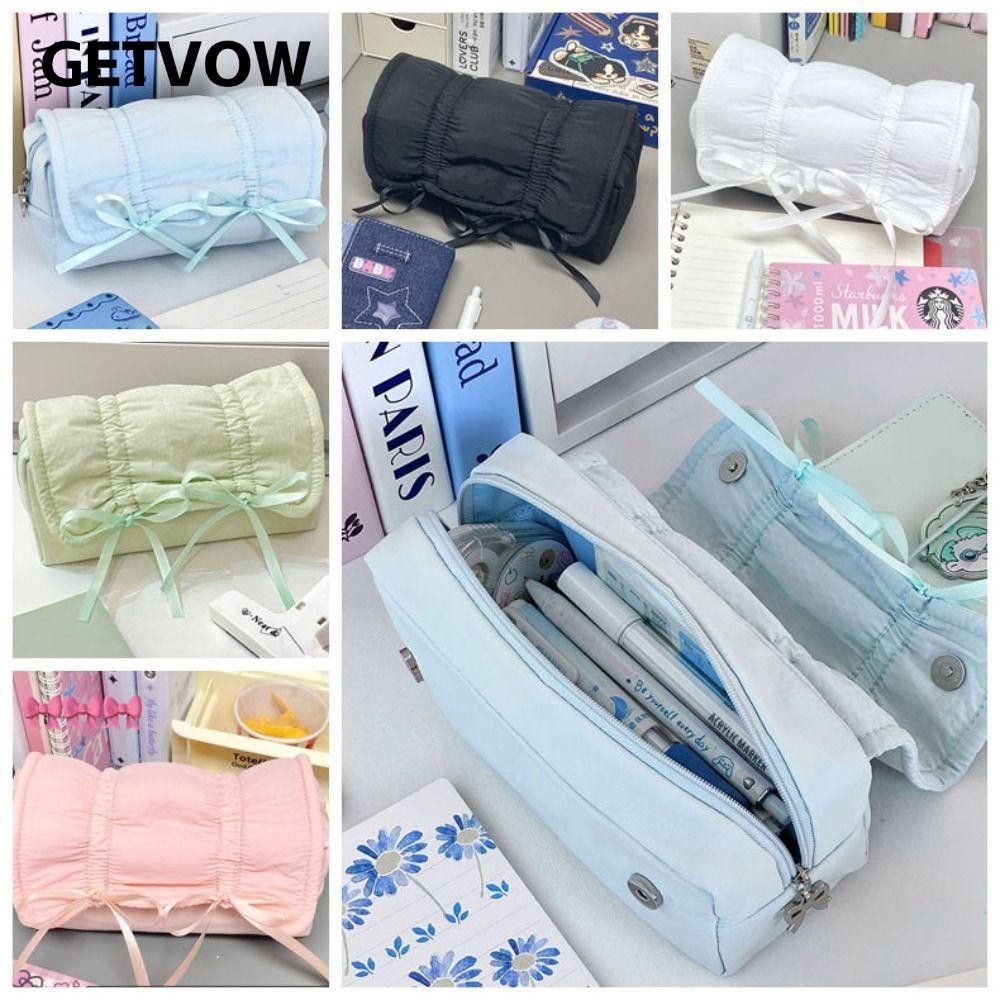 GETVOW Bút chì , Túi đựng bút dung tích lớn đa chức năng, Túi đựng văn phòng phẩm dây rút nơ màu trơn Quà tặng trở lại trường học