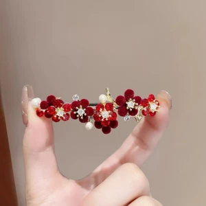MAUROPOLI Kẹp tóc hoa đỏ cổ điển sang trọng, nửa mảnh, hoa hồng, kẹp đuôi ngựa bên hông nữ