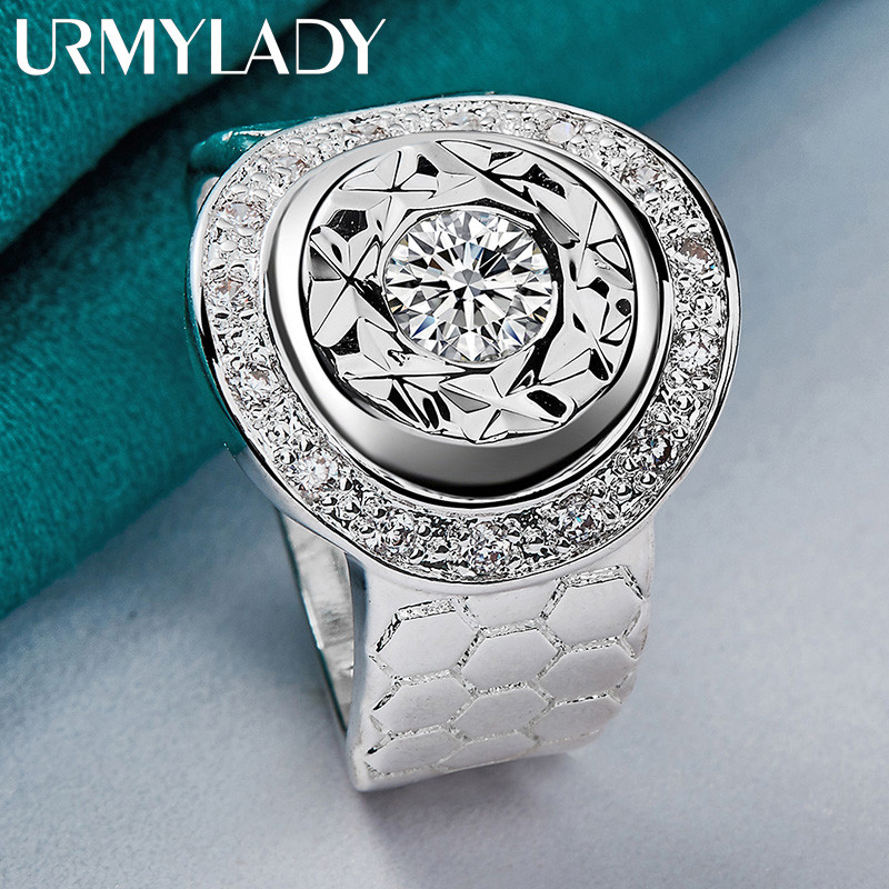 URMYLADY Đồng Hồ Bạc 925 Zircon 7-10 # Nhẫn Nữ Cưới Đính Hôn Trang Sức Thời Trang
