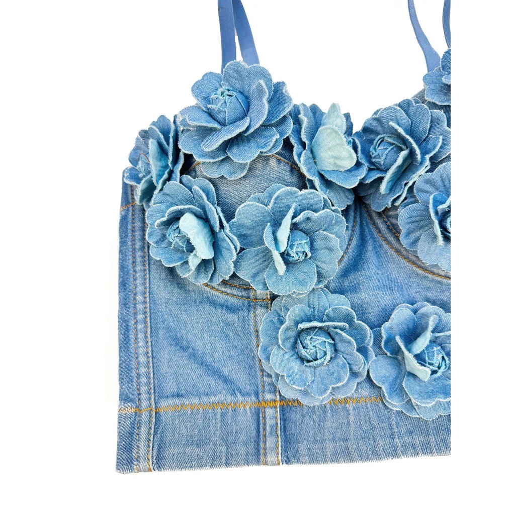 Mùa Hè 2025 Phong Cách Mới Nữ Handmade Đính Hạt Hoa Tôn Trang Cao Cấp Gợi Cảm Áo yếm Denim Xương Cá Corset