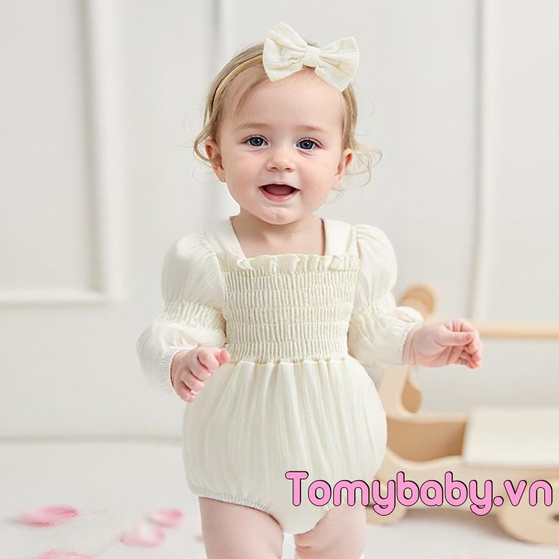 Bộ áo liền quần dài tay cổ vuông màu trơn cho bé gái + Băng đô