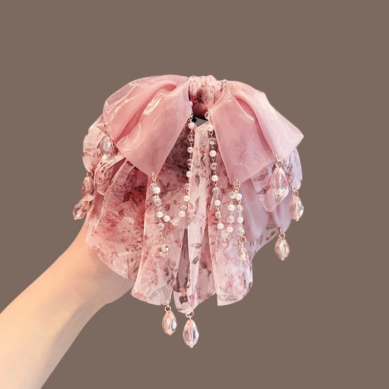 MAUROPOLI [Sẵn Sàng] Mặt Dây Chuyền Voan Màu Hồng Cổ Tích Nơ Hoa Đuôi Ngựa Kẹp Phong Cách Mới Cao Cấp Siêu Tính Khí Kẹp Tóc Tua Rua Tinh Tế