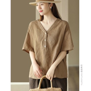 Áo sơ mi ngắn tay dáng rộng cổ chữ V