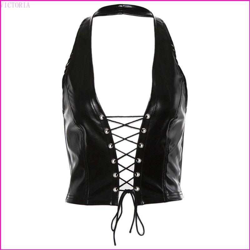 Vic Nữ Punk Không Tay Crop Top Dây Cổ Chữ V Lưng Rỗng Vest Sáng Bóng Giả Da Crisscross Ren-Up Một Phần