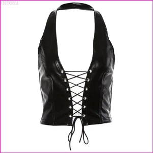 Vic Nữ Punk Không Tay Crop Top Dây Cổ Chữ V Lưng Rỗng Vest Sáng Bóng Giả Da Crisscross Ren-Up Một Phần