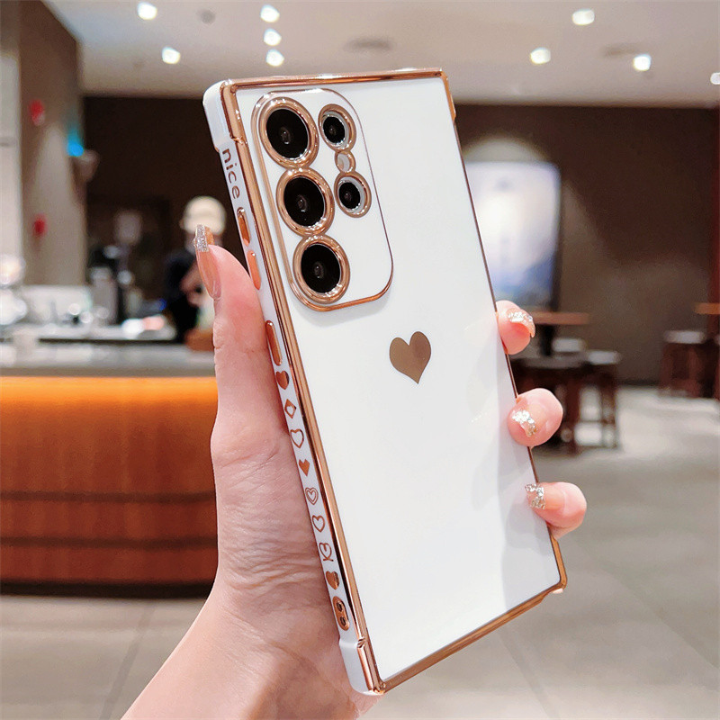 Ốp Mạ Sang Trọng Cho Samsung Galaxy S25 S24 S23 S22 Ultra Plus S24 S23 S21 S20 FE Love Heart Side Pattern Vỏ Điện Thoại Chống Sốc