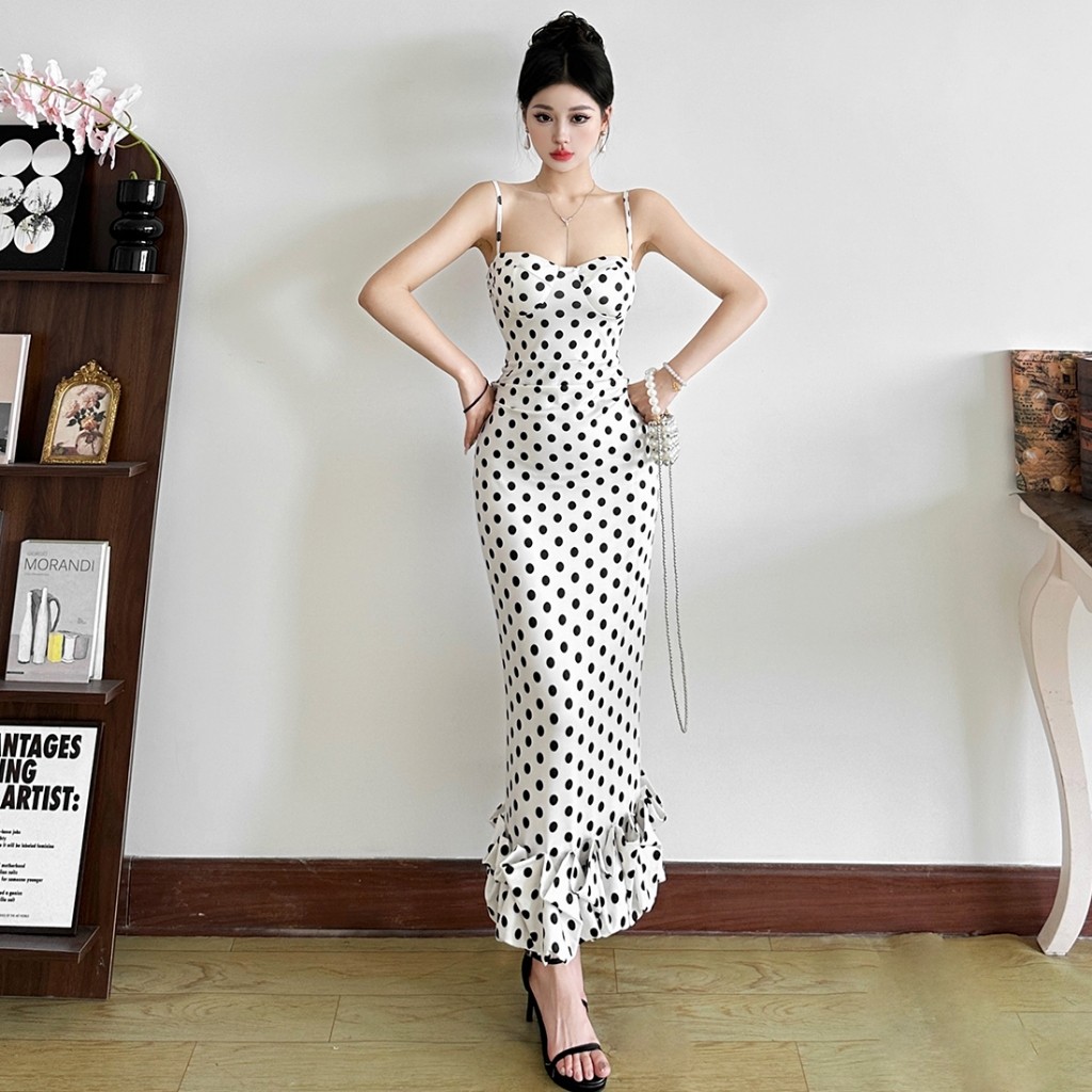 Cutenew Chấm Bi Đầm Maxi Gợi Cảm Sling Backless Skinny Hông-Cover Cá Tính Nóng Gà Con Nhìn Mỏng Hơn Thời Trang Nóng Mới