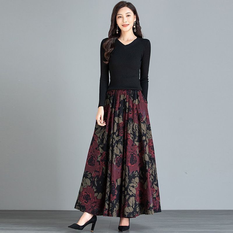 Giải phóng mặt bằng mùa có túi Váy len dân tộc cạp cao Váy dài hoa cổ điển Plus Size Váy 25.1.2