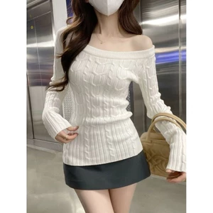 Áo dệt kim xoắn lệch vai phong cách nhẹ nhàng giản dị dành cho nữ Phong cách mới Đầu xuân trắng Slim-Fit All-Match Top Tren V250228121