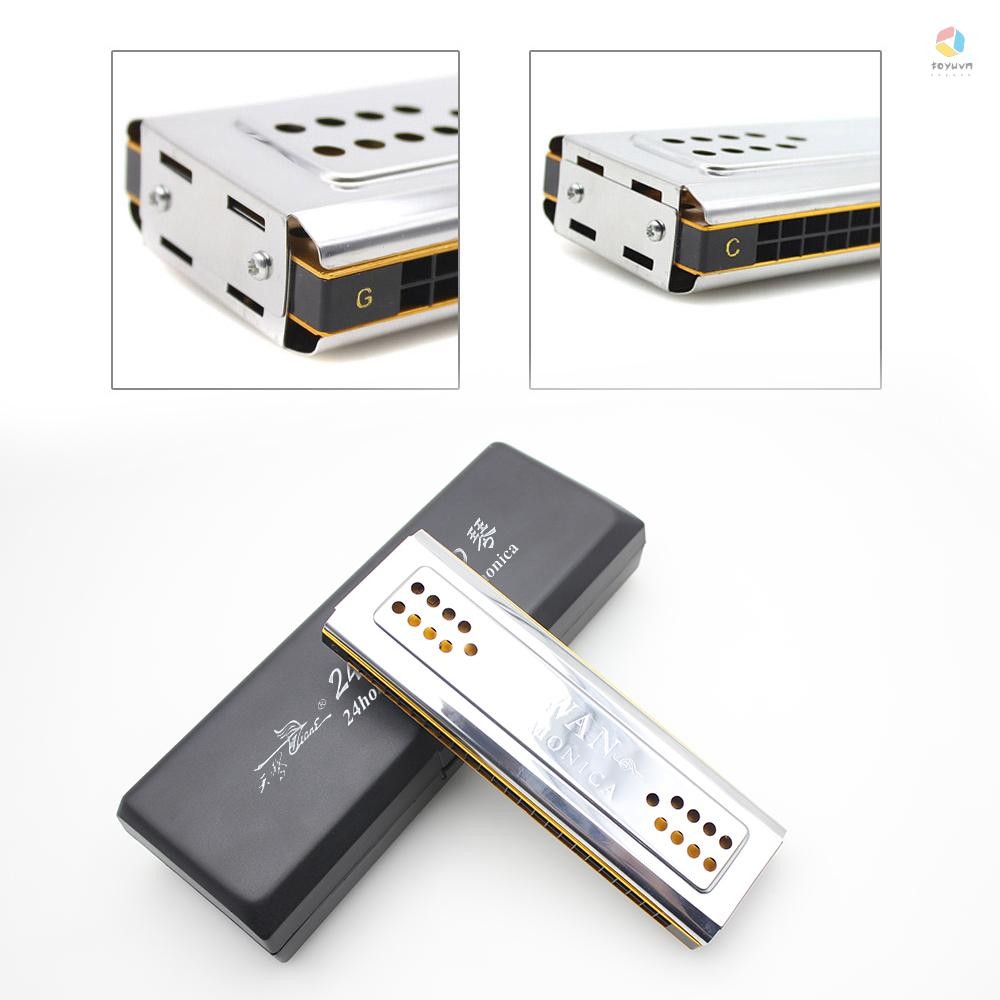 Swan 2 trong 1 Hai mặt Tremolo Harmonica Miệng Organ Chìa khóa âm trầm của C & G 24 lỗ đôi Dụng cụ gió sậy có hộp đệm Vải làm sạch