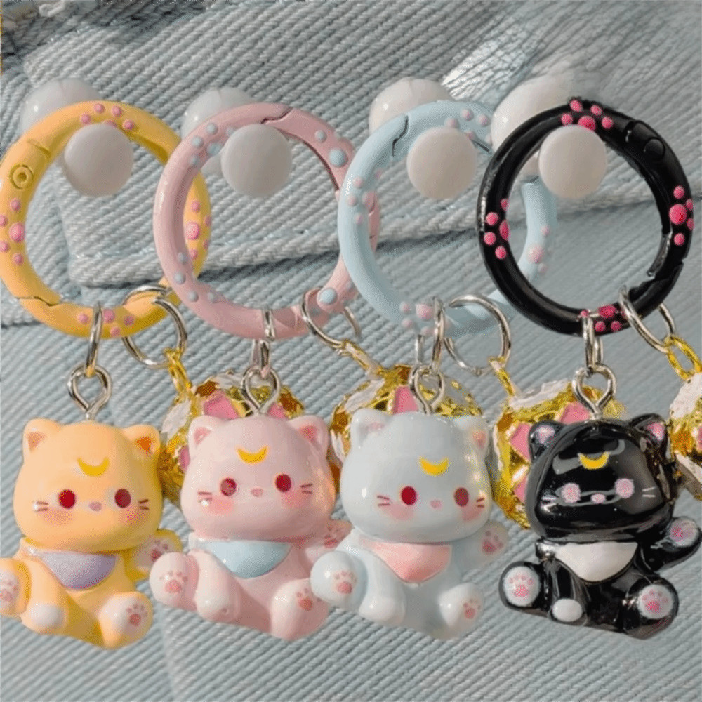 Móc khóa ngọt ngào HOBBYIN, Móc khóa mèo thiết kế hoạt hình 5cm, Chuông đầy màu sắc thời trang Nhựa hình chữ O Hàn Quốc Móc khóa điện thoại