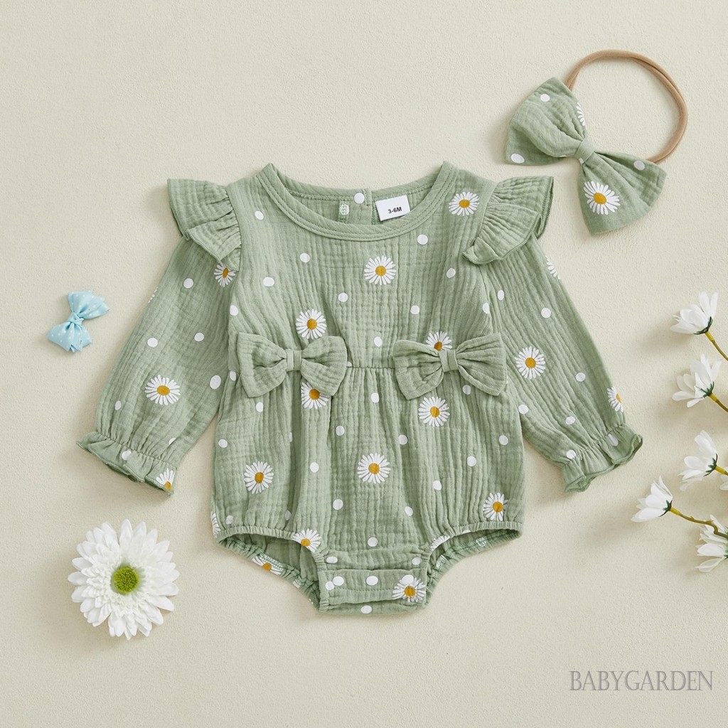 / / -Baby Girl Fall Bubble In hoa cúc Áo liền quần cổ tròn dài tay có băng đô