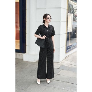 Set sơ mi tay cộc kẻ sọc phối quần ống rộng SET096