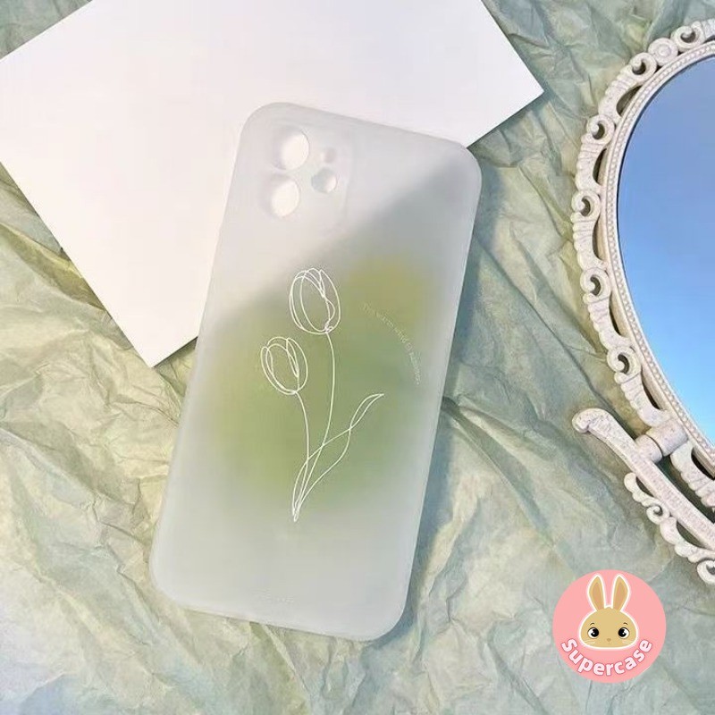 Ốp Điện Thoại ins Style Tulip Matte Cho Samsung Galaxy S25 Edge S24 S23 S22 S21 S20 Ultra FE S10 S10E S9 S8 Plus + 5G 4G Ốp Lưng Mềm Chống Sốc Màu Xanh Lá Cây