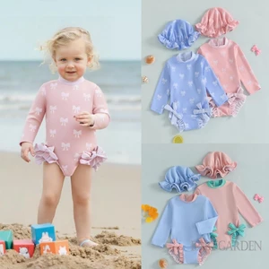 / / -3tháng 3 tuổi Đồ bơi bảo vệ phát ban cho bé gái có mũ chống nắng Bộ đồ tắm dài tay in nơ