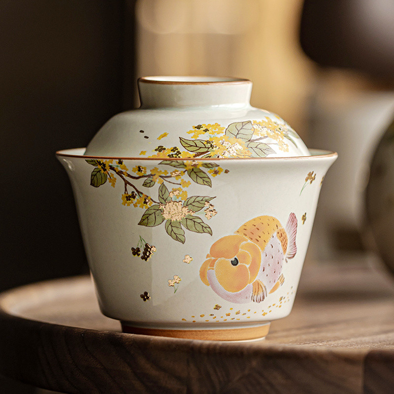 ✨Cỏ Xám Quế Vàng Ercai Gaiwan Gốm Hộ Gia Đình Retro Bộ Trà Kung Fu Cao Cấp