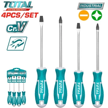 Bộ tuốc nơ vít dẹp và bake 4 chi tiết TOTAL THT250604, Bộ 4 tua vít tua vít SL5.5X100mm, tua vít SL6.5X150mm