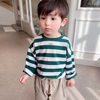 Mùa Xuân Thu Mới Bé Trai Bé Gái Dài Tay Đáy Áo Sơ Mi Trẻ Em Bé Thời Trang Hàn Quốc Cổ Tròn Sọc Áo