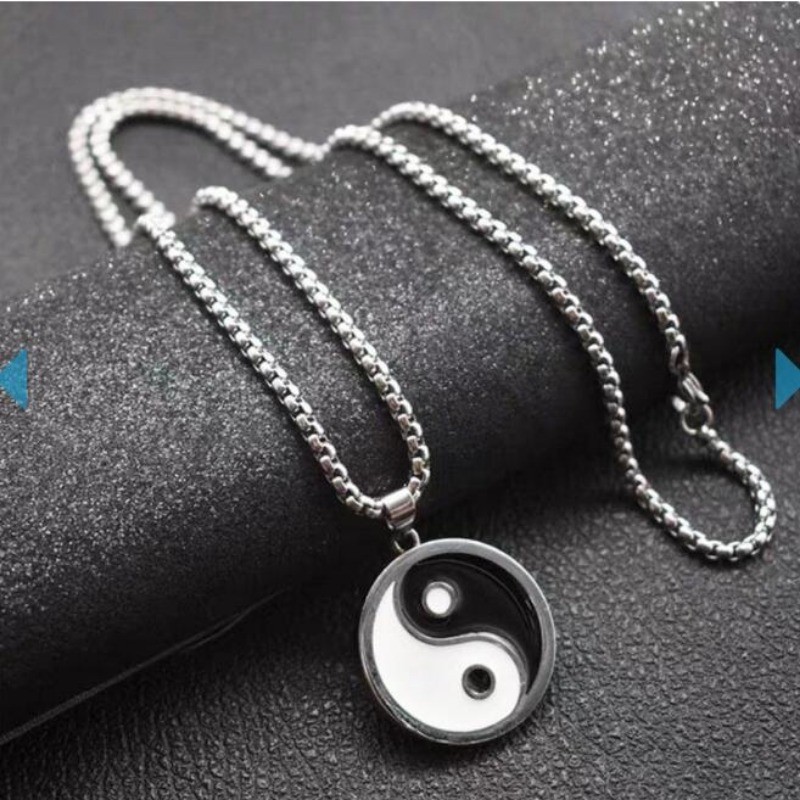 Điếc dây chuyền gothic unisex hiện đại, phong cách Trung Hoa vintage đen trắng, mặt đá hợp kim dáng thái cực