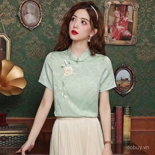 Mùa hè 2025 Hàng mới về Áo sơ mi ngắn tay cổ điển có cổ đứng phong cách Trung Quốc buộc nút và thiết kế thêu Jacquard