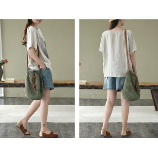 Vải lanh Cotton mỏng cỡ lớn cổ tròn thêu dáng rộng