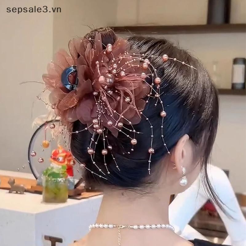 # VN # Lưới Thời Trang Vuốt Tóc Hoa Nữ Đuôi Ngựa Kẹp Mũ Đội Đầu Tính Khí Ngọc Trai sels Mũ Đội Đầu.