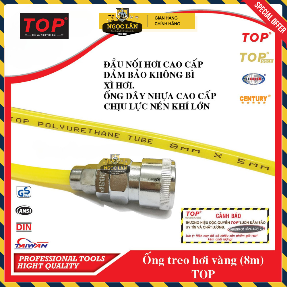 [Chính hãng TOP] Ống treo hơi, Cuộn dây hơi tự rút TOP hộp nhựa vàng 5mmx8mm (dài 8m) cao cấp