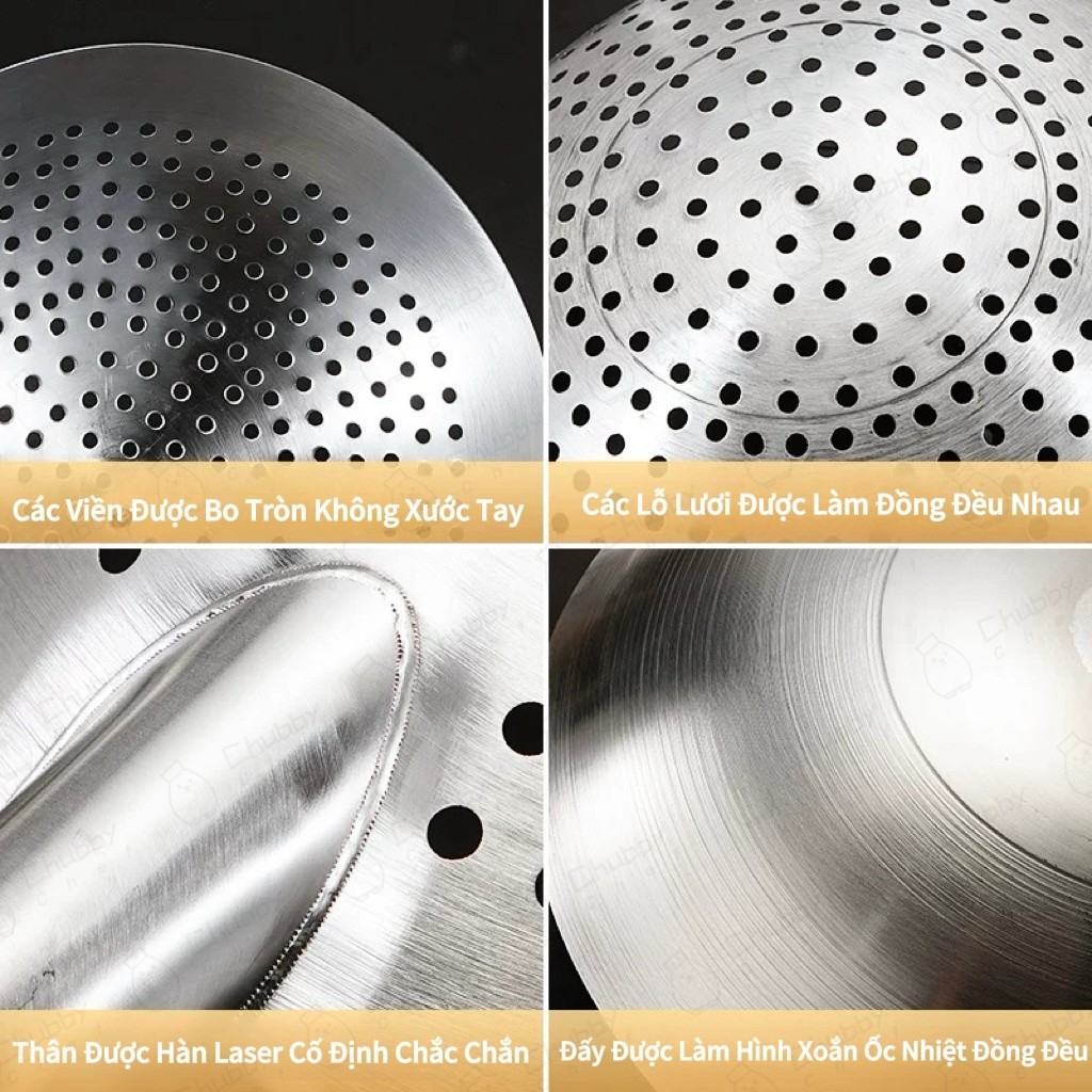 Chảo lọc Chảo vợt đồ chiên Inox Cao cấp Chubby Chef chuyên dụng rây bột lọc thức ăn đồ chiên xác trà, bã trái cây
